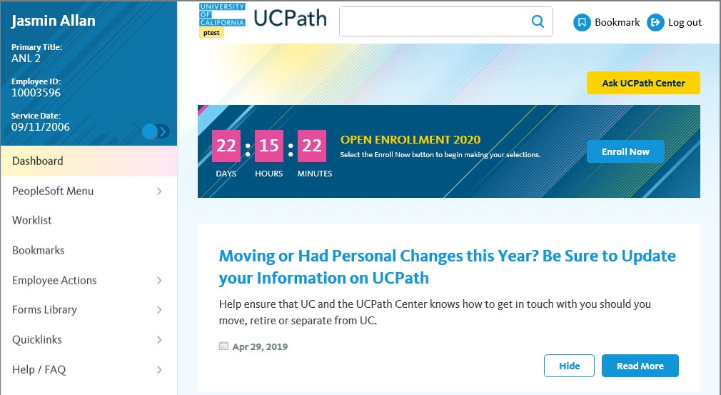 Screengrab of the Open Enrollment banner that will appear on the employee's UCPath dashboard once OE has started.