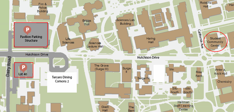 map showing the location of the student community center on the uc davis campus