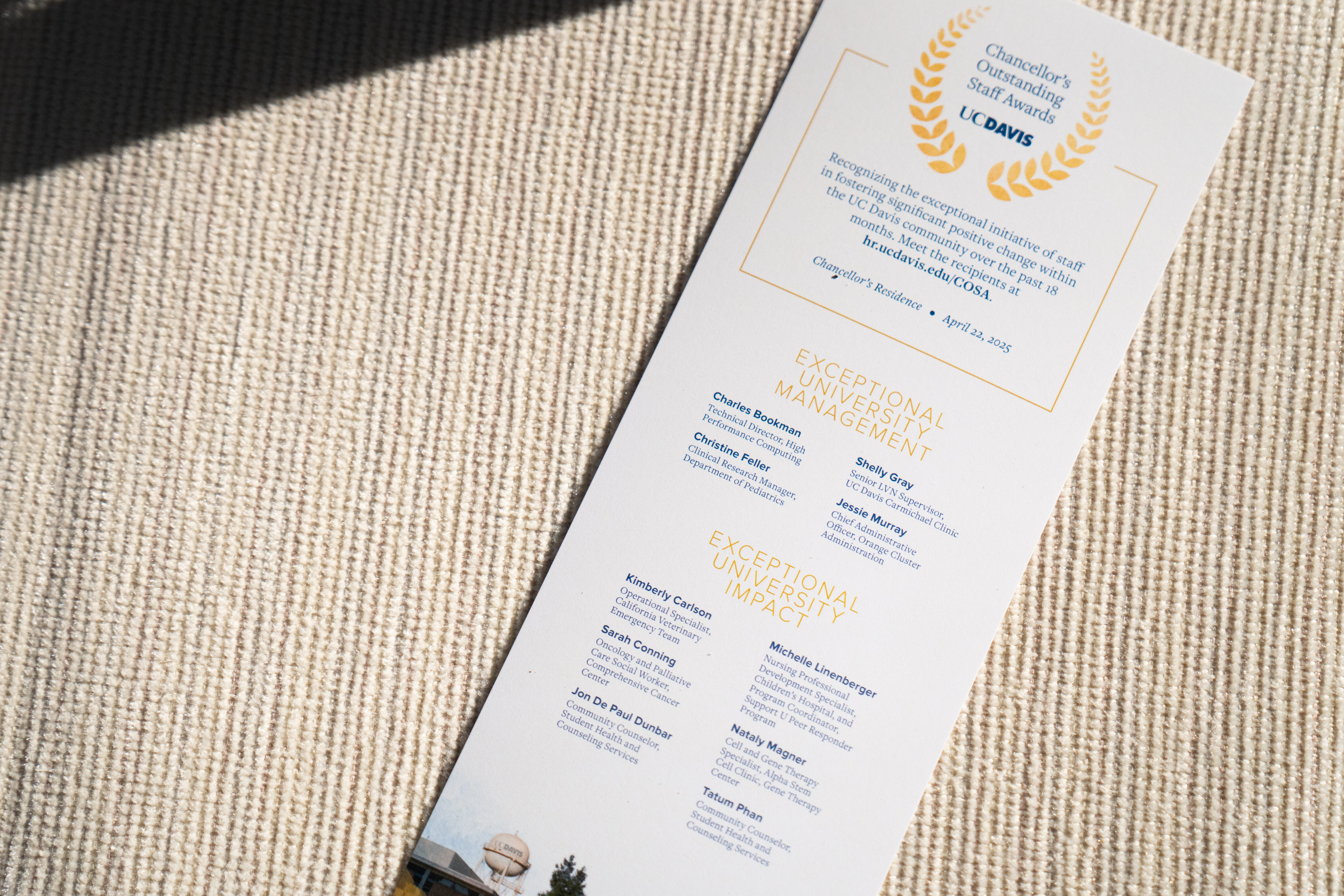 A program at the awards ceremony, including the names, titles, and departments of each of the winners.