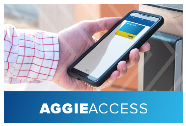 A hand holding a phone. The screen displays the Aggie Access app.