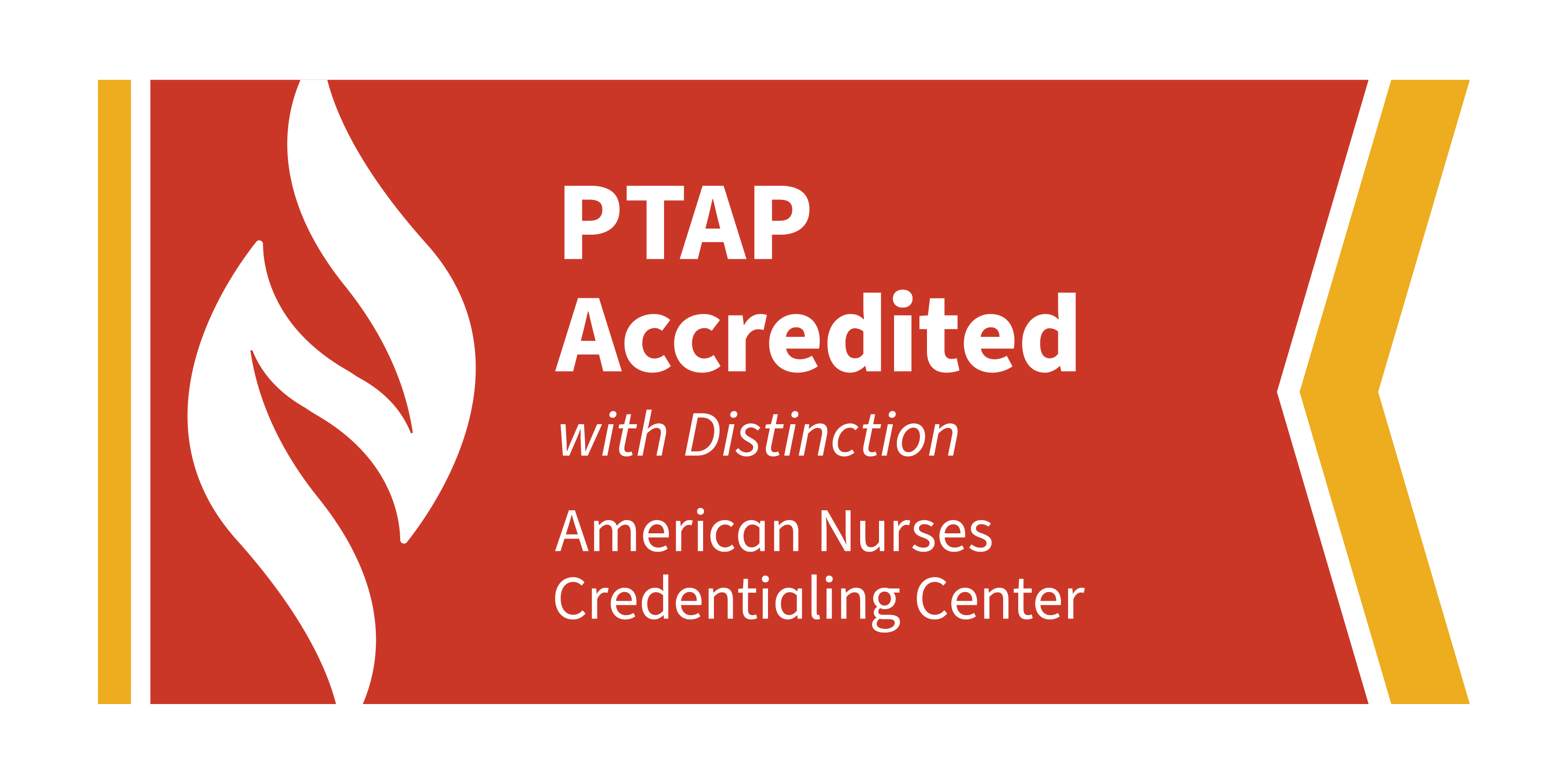 A red banner logo with yellow accents and a white abstract flame for PTAP that reads "PTAP Accredited with Distinction, American Nurses Credentialing Center"