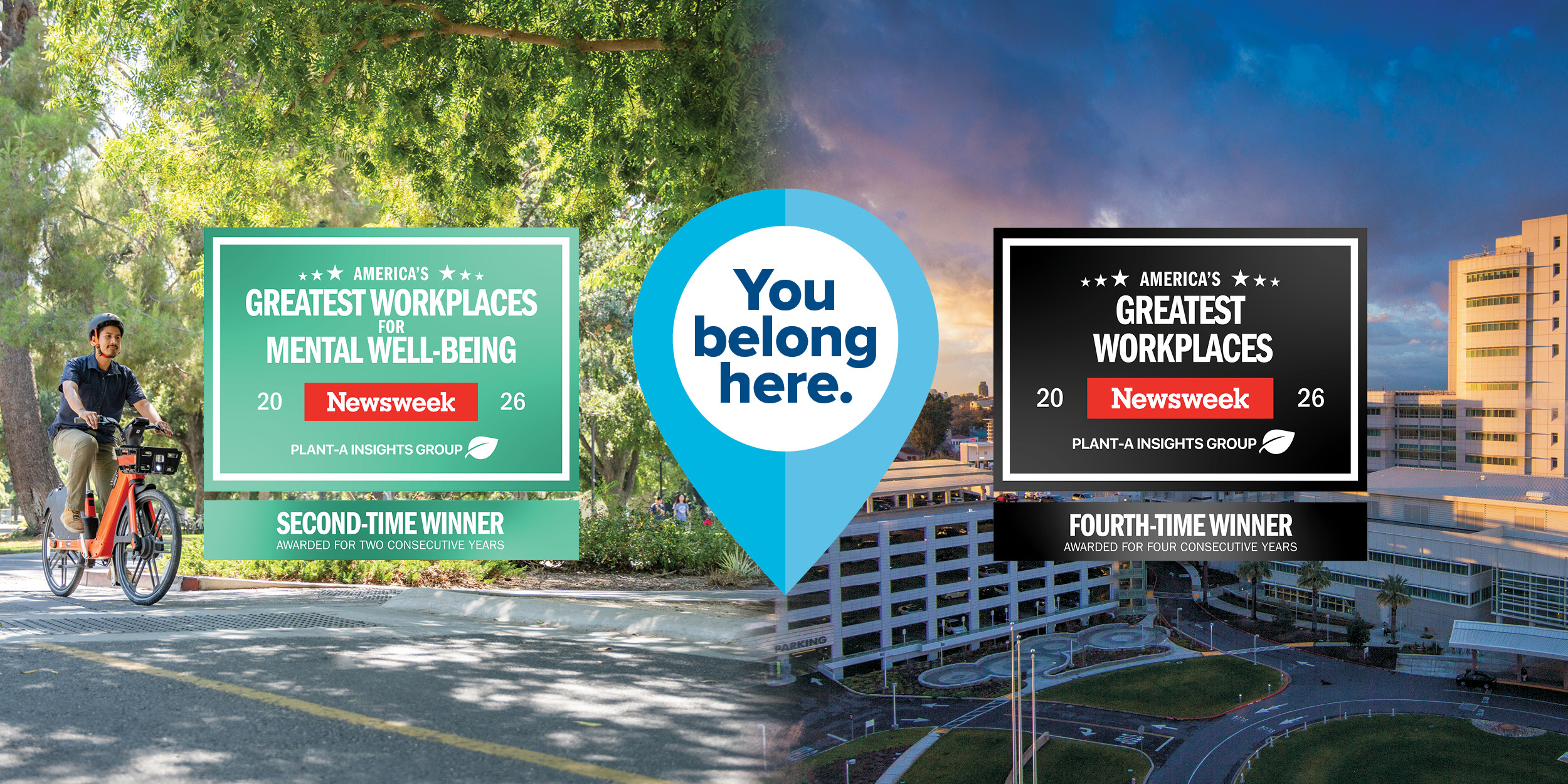 Split banner: cyclist on campus bike trail left; aerial view of UC Davis Medical Center on right; 'You belong here' pin graphic in the middle