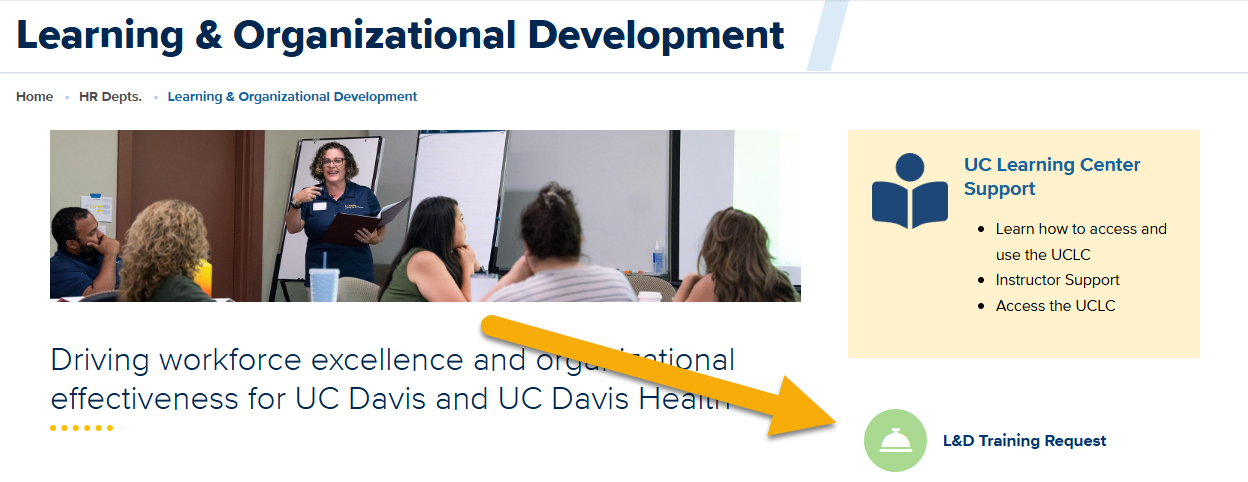 Learning & Organizational Development homepage with an arrow pointing the Training Request form button on the right side of the page. 