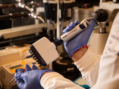 Blue-gloved hands holding multichannel pipette above a microcentrifuge tube in a laboratory