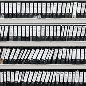 Shelf with three-ring binders.