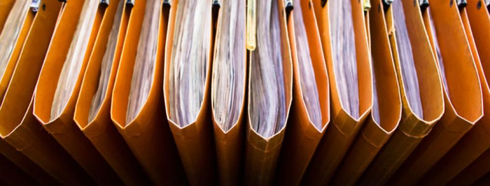 a close-up shot of a row of hanging files