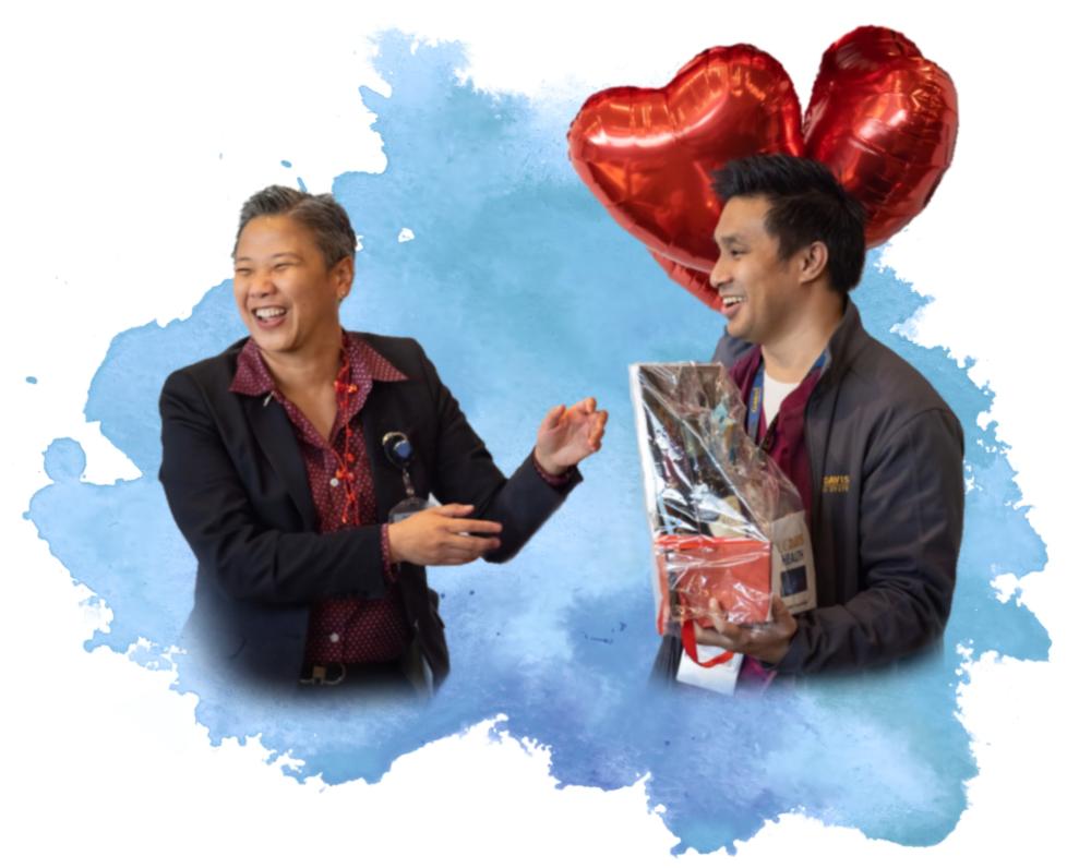 uc davis health employees smiling with balloon and gift