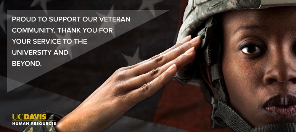 photo of soldier saluting with text Proud to Support our veteran community. Thank you for your service to the university and beyond.