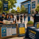 UC Davis campus safety table with students, officers, and blue banners along walkway