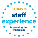 A circle made of blue dots surround the words "UC Davis staff experience, improving our workplace"