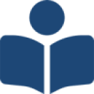 Blue icon of a head over an open book.